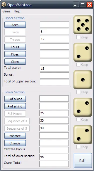 Open Yahtzee – Spielansicht